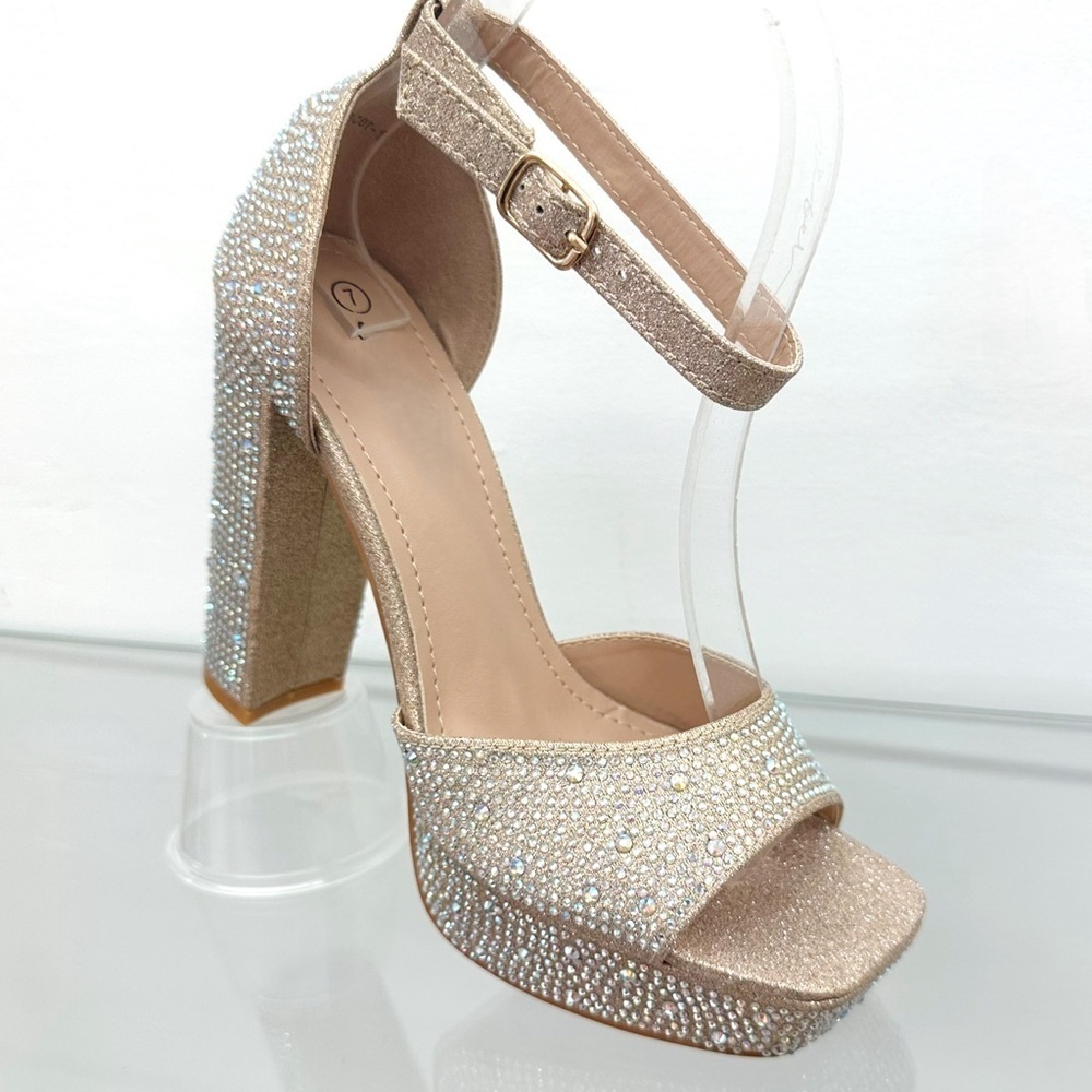 Champagne Rhinestones Open Toe Platform Heels